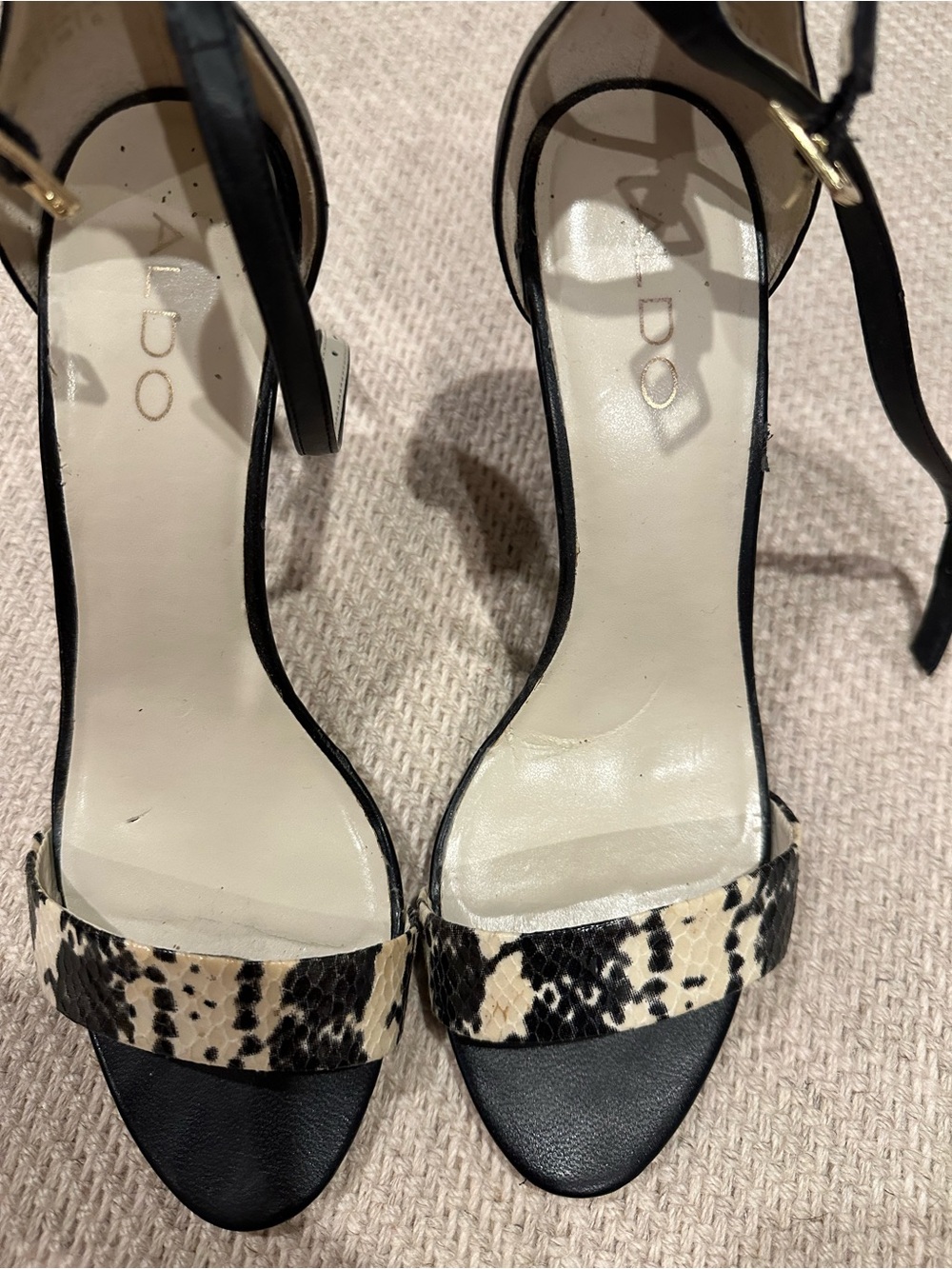 Aldo Black and Beige Snake-Print Ankle-Strap Heels